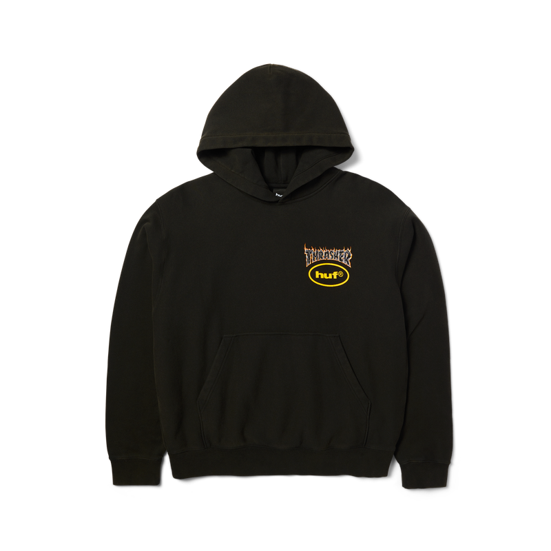 HUF x Thrasher Meltdown Heavyweight Hoodie – zwarte hoodie met vulkanische Thrasher-print op de rug en HUF-logo op de borst, gemaakt van heavyweight katoenfleece