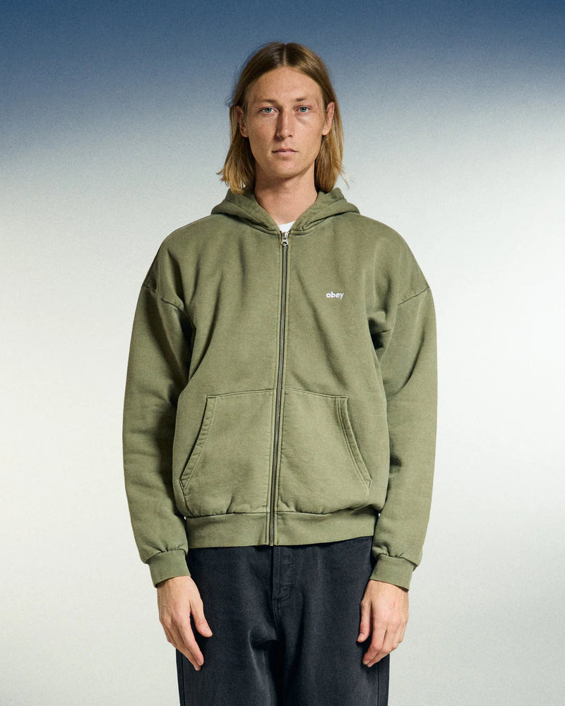 Obey Lowercase Pigment Zip Hood – katoenen pigment-dyed zip hoodie met geborduurd lowercase Obey-logo