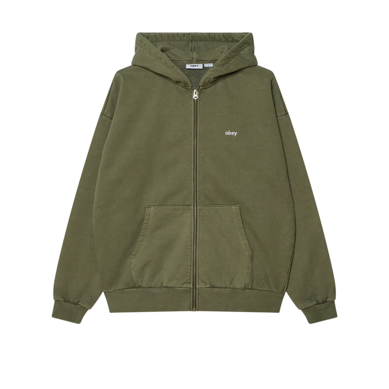 Obey Lowercase Pigment Zip Hood – katoenen pigment-dyed zip hoodie met geborduurd lowercase Obey-logo