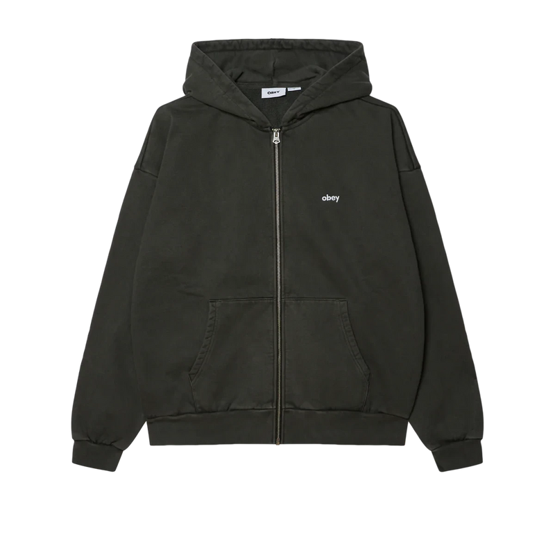Obey Lowercase Pigment Zip Hood – katoenen pigment-dyed zip hoodie met geborduurd lowercase Obey-logo