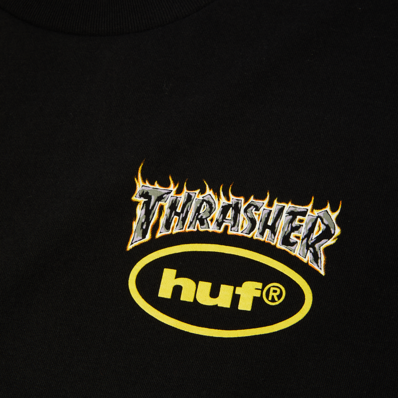 HUF x Thrasher Meltdown SS Tee – zwart T-shirt met HUF x Thrasher-logo op borst en vulkaan-backprint uit de Meltdown-serie