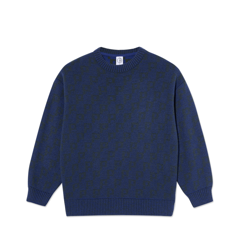 Polar Skate Co George Sweater P Pattern Blue Green – gebreide trui van wolmix met all-over ‘P’ patroon in blauwe en groene tinten.