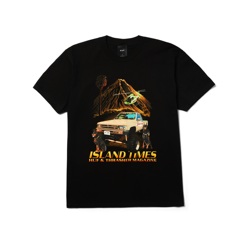 HUF x Thrasher Island Times SS Tee – zwart T-shirt van 100% katoen met Island Times-print van truck, vulkaan en honden
