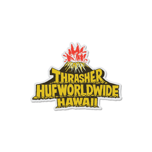 HUF x Thrasher Meltdown Sticker – vinyl sticker met vulkaanprint en Thrasher x HUF-logo, duurzaam en weerbestendig