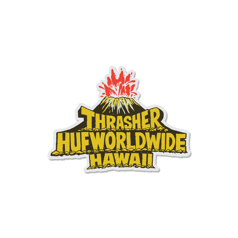 HUF x Thrasher Meltdown Sticker – vinyl sticker met vulkaanprint en Thrasher x HUF-logo, duurzaam en weerbestendig