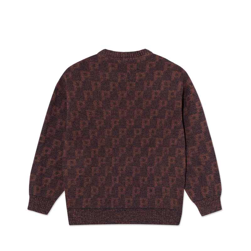 Polar Skate Co George Sweater P Pattern Navy Orange – gebreide trui van wolmix met all-over ‘P’ patroon in navy en oranje kleuren.