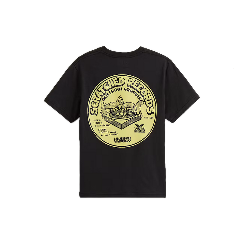 Vans Scratched Records Kids Black – zwart kinder T-shirt met Scratched Records-graphic op borst en rug