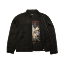 HUF x Thrasher Trucker Jacket – zwart denim jack met grote Thrasher-print op de rug en subtiel HUF-logo, ritssluiting en klassieke trucker-fit
