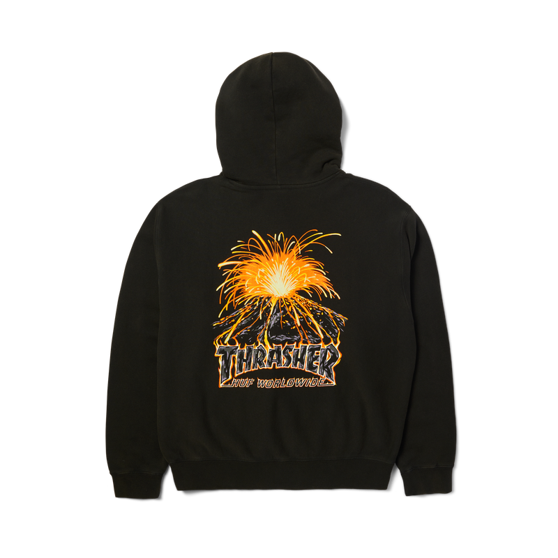 HUF x Thrasher Meltdown Heavyweight Hoodie – zwarte hoodie met vulkanische Thrasher-print op de rug en HUF-logo op de borst, gemaakt van heavyweight katoenfleece