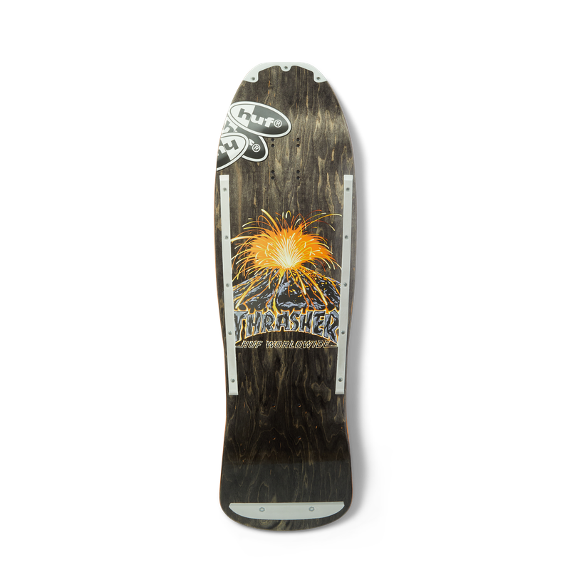 HUF x Thrasher Meltdown Cruiser Deck – old-school cruiser skateboarddeck met vulkaanprint en HUF x Thrasher-logo, gemaakt van 7-laags esdoorn