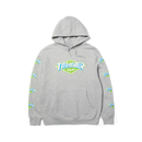 HUF x Thrasher Logo PO Hoodie – hoodie van zwaar katoenfleece met HUF x Thrasher-logo op borst en mouwprints, verkrijgbaar in zwart en grijs