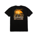 HUF x Thrasher Meltdown SS Tee – zwart T-shirt met HUF x Thrasher-logo op borst en vulkaan-backprint uit de Meltdown-serie