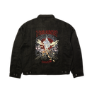 HUF x Thrasher Trucker Jacket – zwart denim jack met grote Thrasher-print op de rug en subtiel HUF-logo, ritssluiting en klassieke trucker-fit