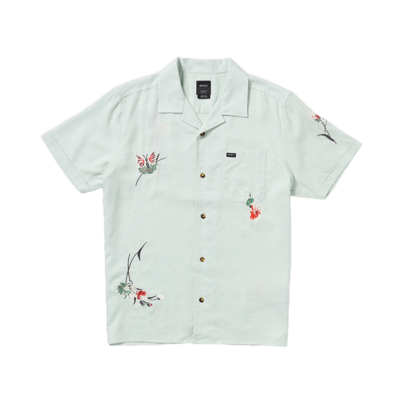 RVCA Nectar Short Sleeve Shirt – linnen-viscose overhemd met all-over print en camp collar