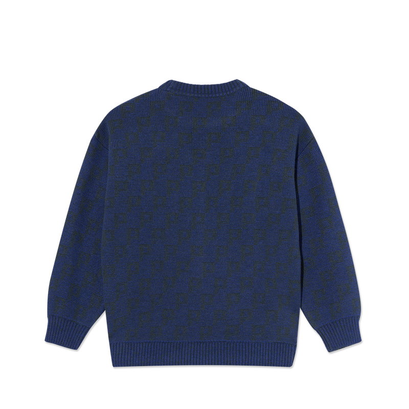 Polar Skate Co George Sweater P Pattern Blue Green – gebreide trui van wolmix met all-over ‘P’ patroon in blauwe en groene tinten.