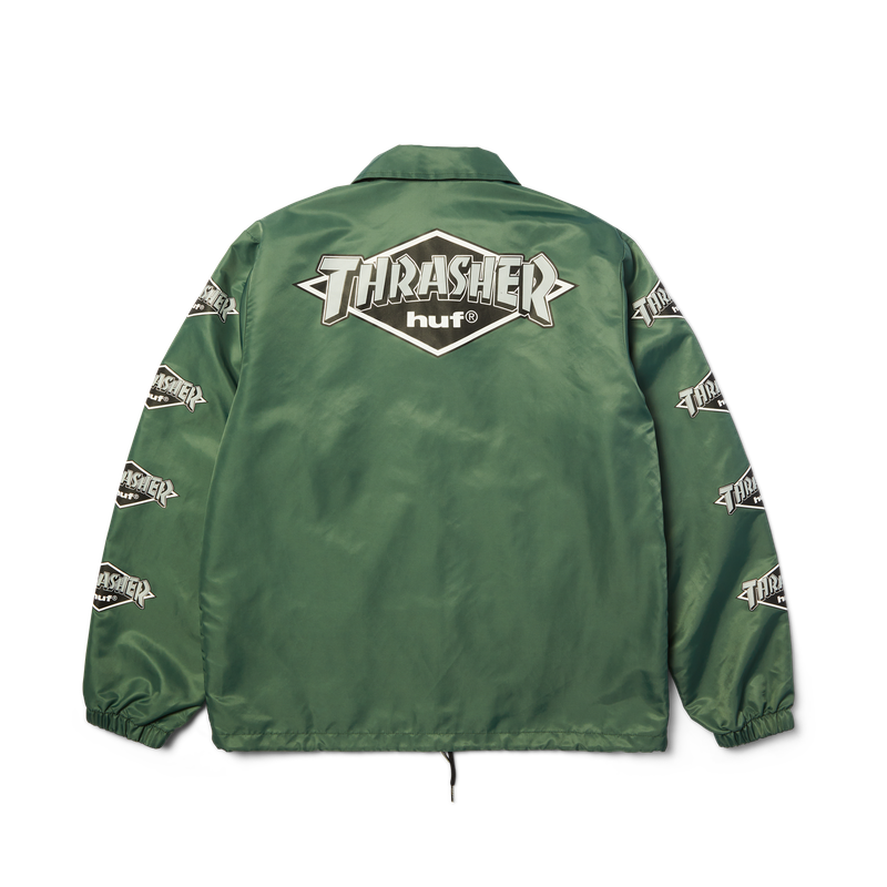 HUF x Thrasher Logo Jacket – donkergroen nylon jack met groot HUF x Thrasher-logo op de rug en sleeve-prints, waterafstotend en met meshvoering