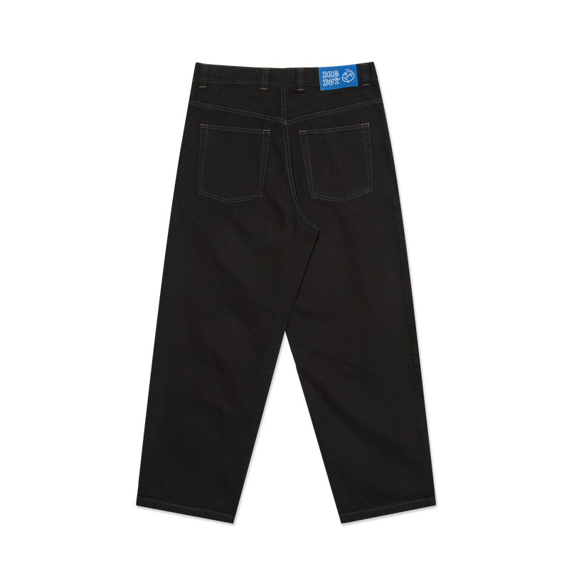 Polar Skate Co Big Boy Pants Black Blue Stitching – denim broek van 100% katoen met losse pasvorm, blauwe stiksels en Big Boy-logo op de coin pocket.