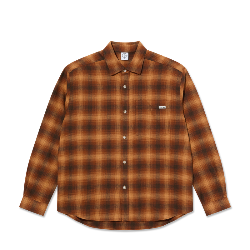 Polar Skate Co Mitchell LS Shirt Shadow Check – longsleeve overshirt van katoenmix met zwart-grijze ruitprint en borstzak met Polar-label.