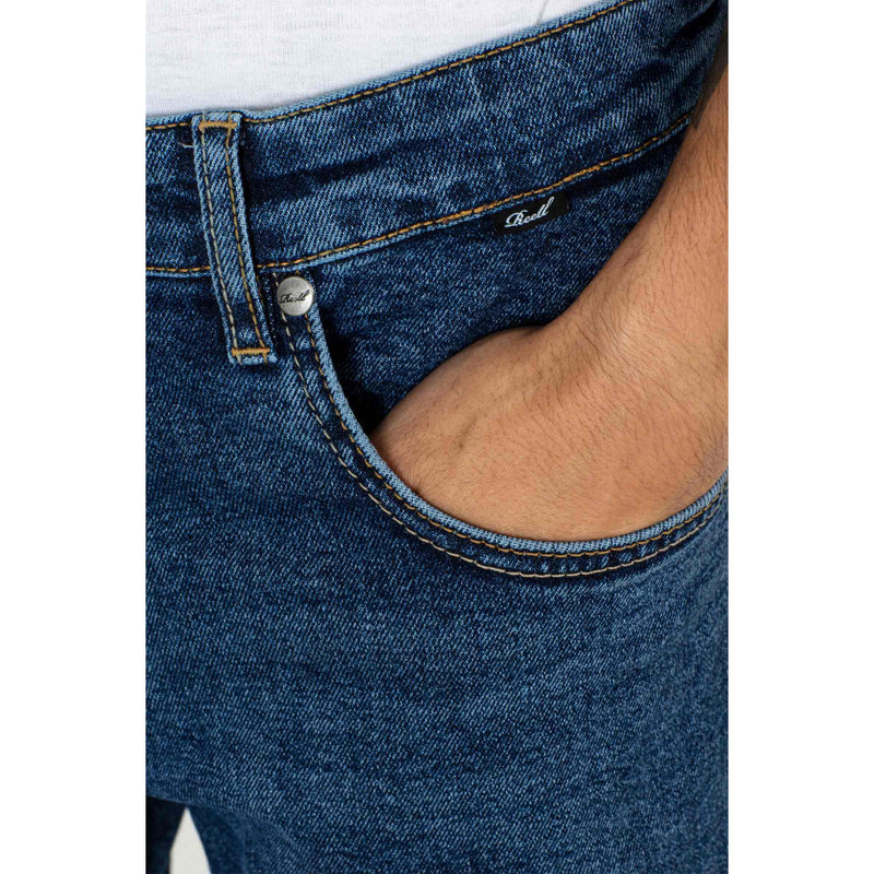 Reell Denim Lowfly 2 Retro Mid Blue jeans broek voorkant close-up Revert95.com