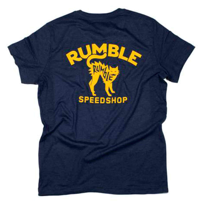 Rumble speedshop Navy Heather Yellow Cat Tee achterkant Revert95.com