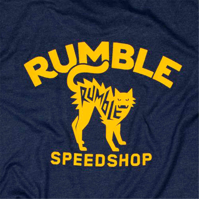 Rumble speedshop Navy Heather Yellow Cat Tee achterkant close-up Revert95.com
